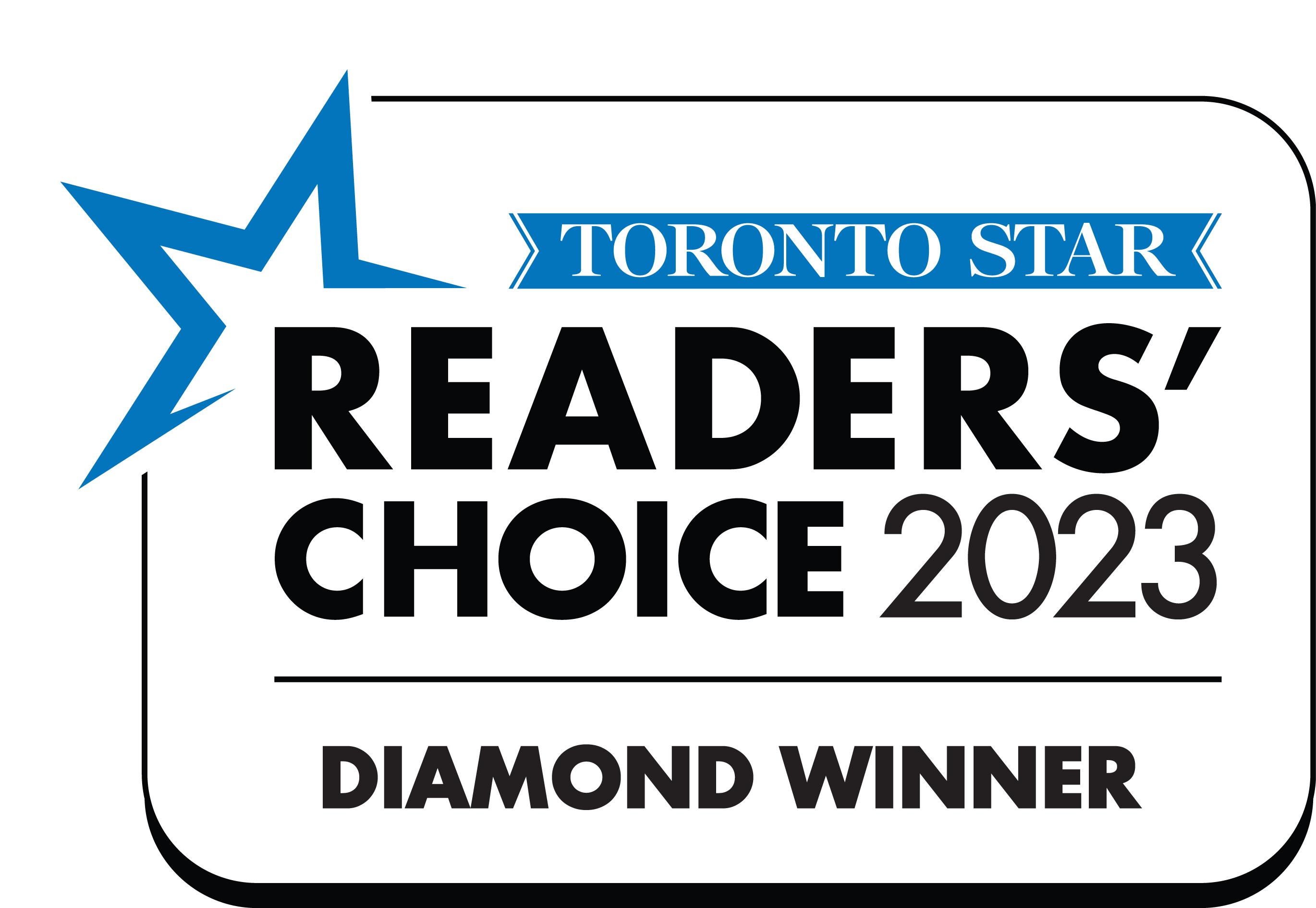 Award badge for the 'toronto star readers' choice 2023', labeled as 'diamond winner', highlighting the recognition of a personal injury law firm in toronto for their exceptional service in representing accident and injury cases, including slip and fall and brain injury claims, as voted by readers